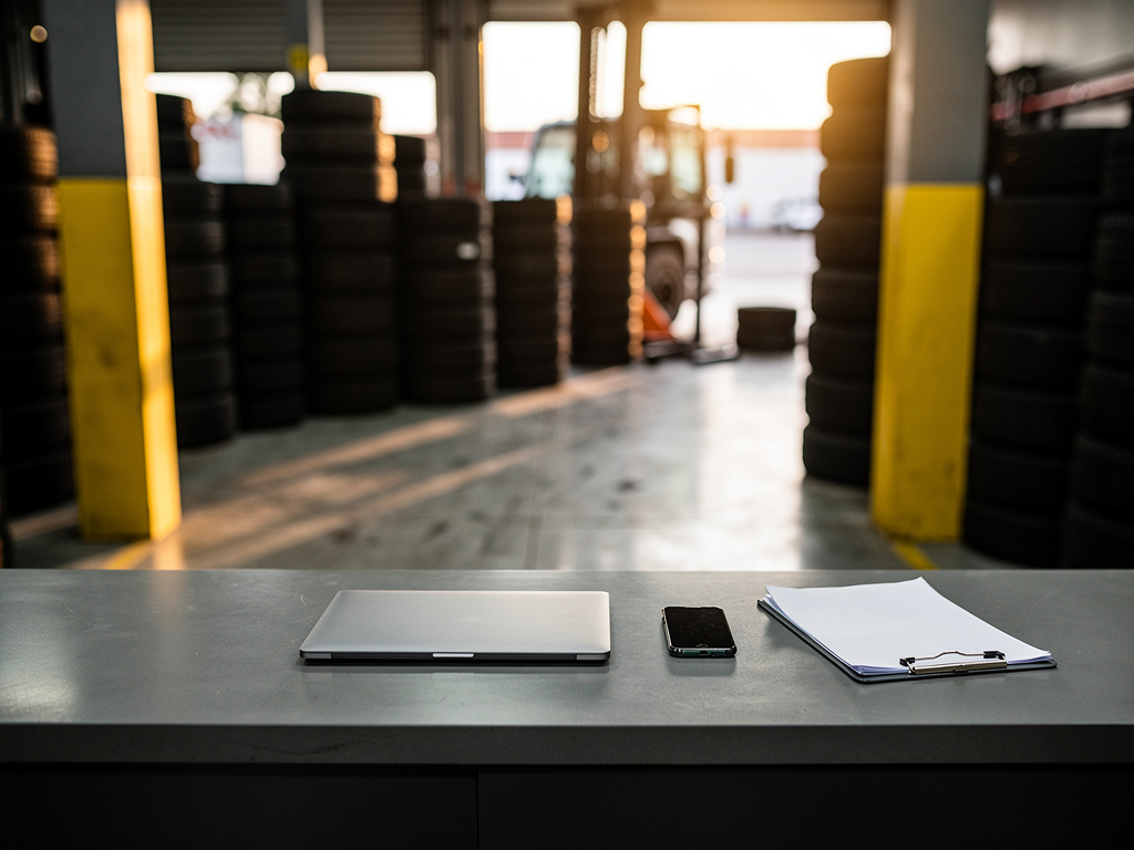 The shop's front counter with a laptop, a smartphone and a clipboard, with tires stacked out of focus behind it.