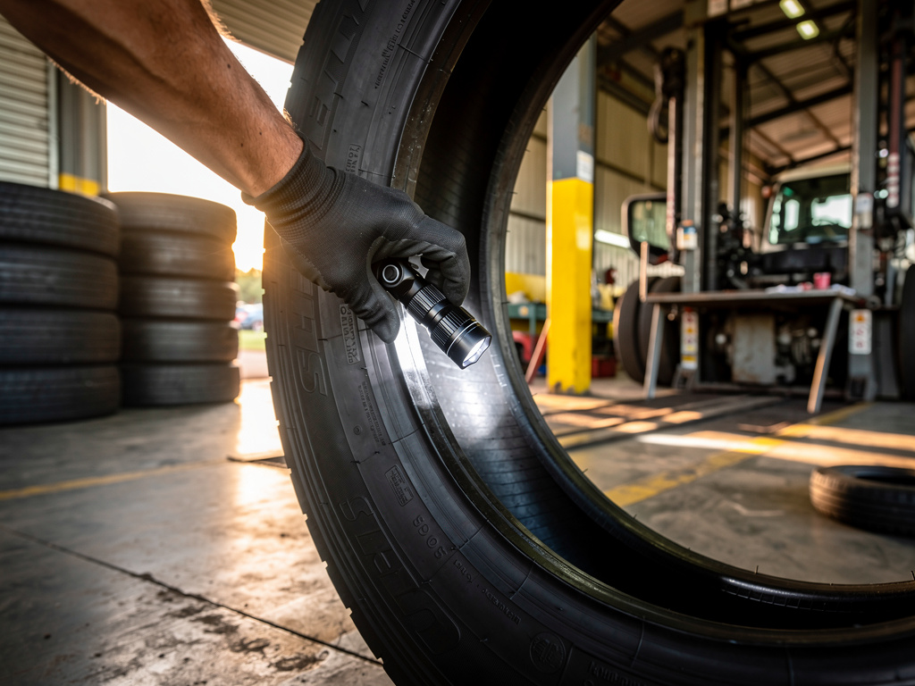 Close-up of a gloved hand running a flashlight along the inside of a tire casing during inspection.