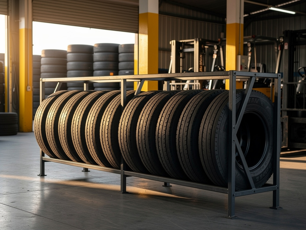 A row of heavy truck and bus tires on steel racks with yellow-striped columns in the background.