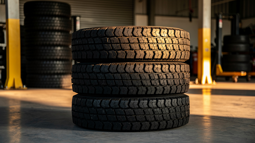 A tall stack of freshly retreaded truck tires with deep, crisp tread lined up on the concrete floor, sunlight raking acr