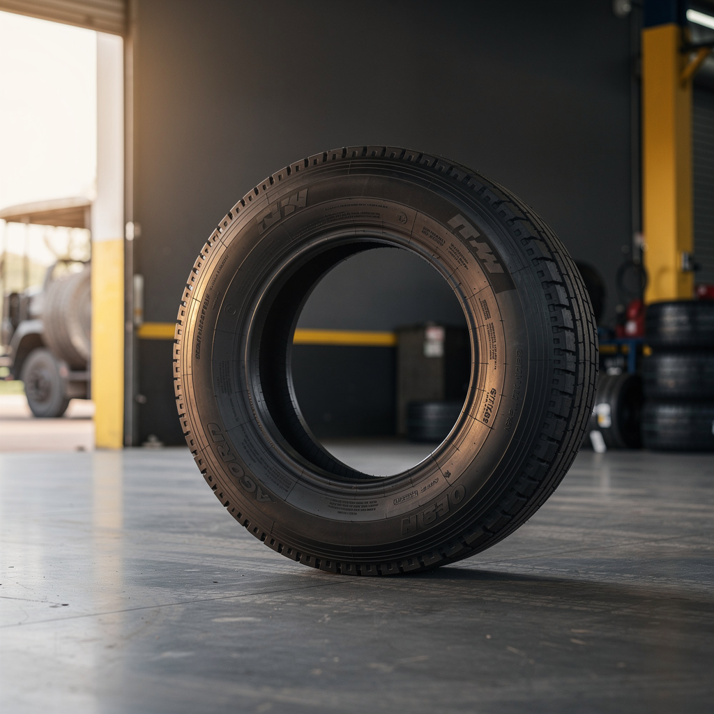 A single retreaded truck tire standing upright on a clean concrete floor against a plain charcoal wall, with no branding