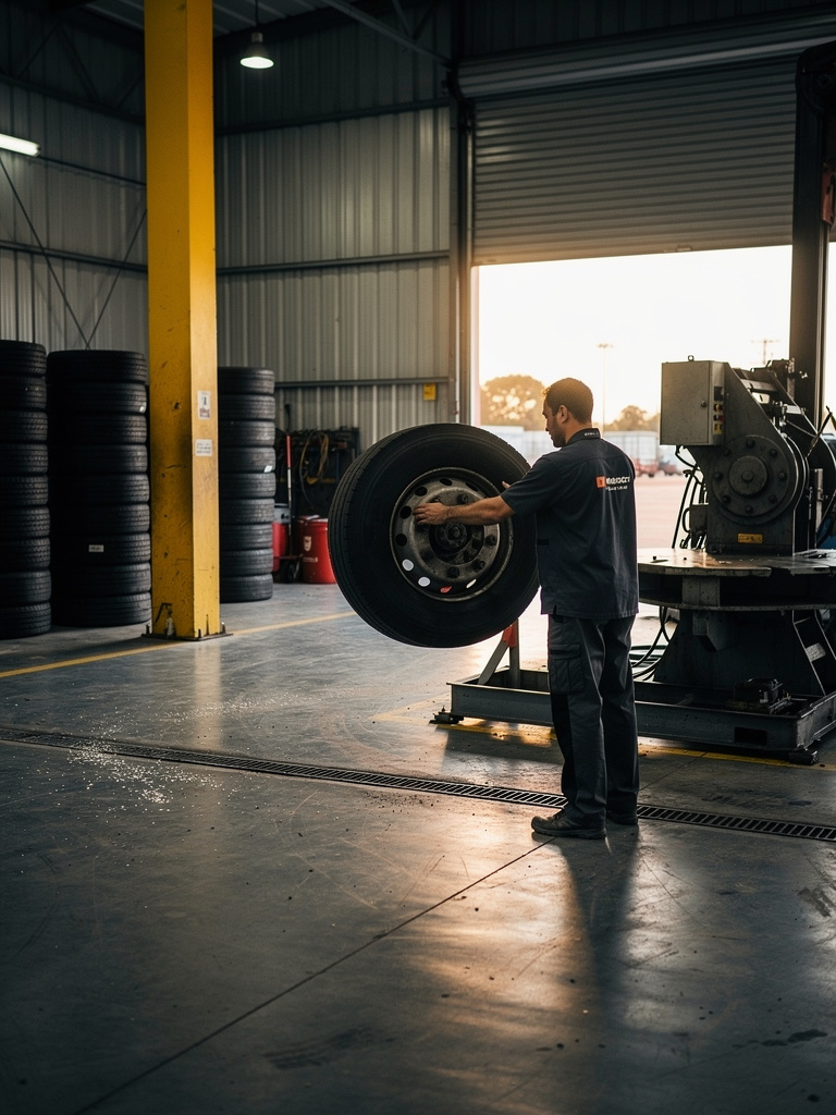 A worker seen from behind in a dark work shirt, guiding a large truck tire onto a buffing machine in the middle of the s